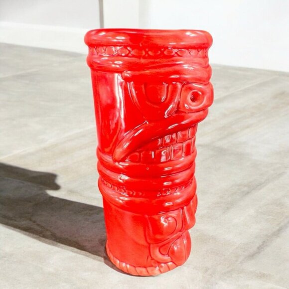 Large Ceramic Tiki God Vase Vessel Drinking Cup Red Glazed Porcelain Decor Vtg - Picture 2 of 15